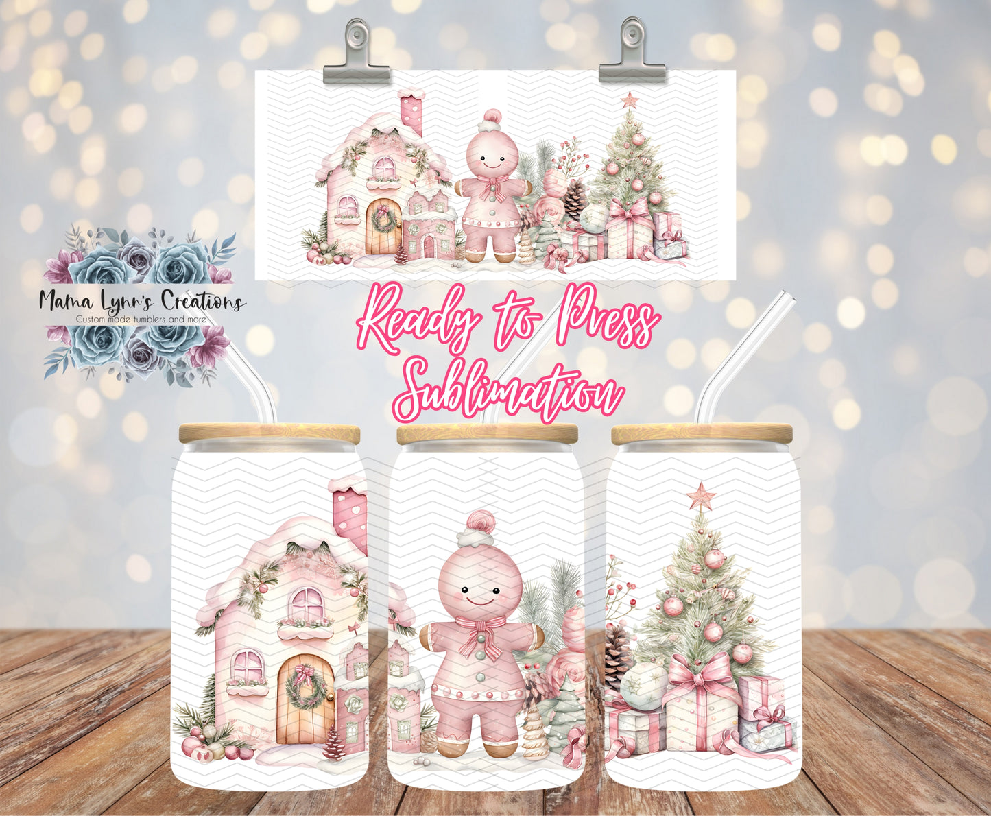 Pink Gingerbread Christmas 16 oz Glass Can prints