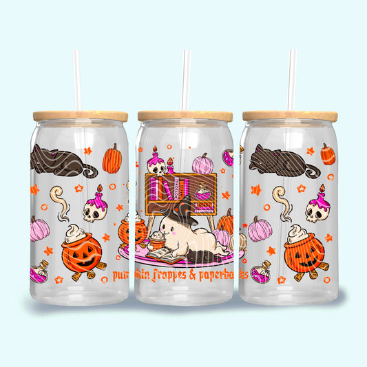 Ghost Pumpkin Frappes and Paperbacks 16 oz Glass Can Wrap