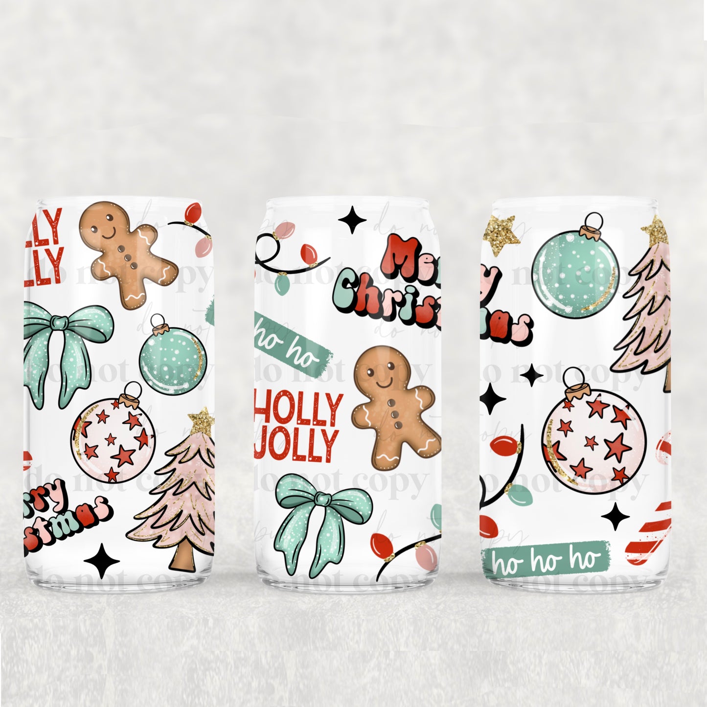 Holly Jolly Merry Christmas 16 oz Glass Wraps