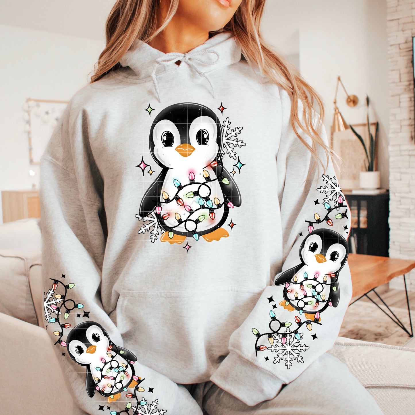 Penguin Christmas Lights DTF Print