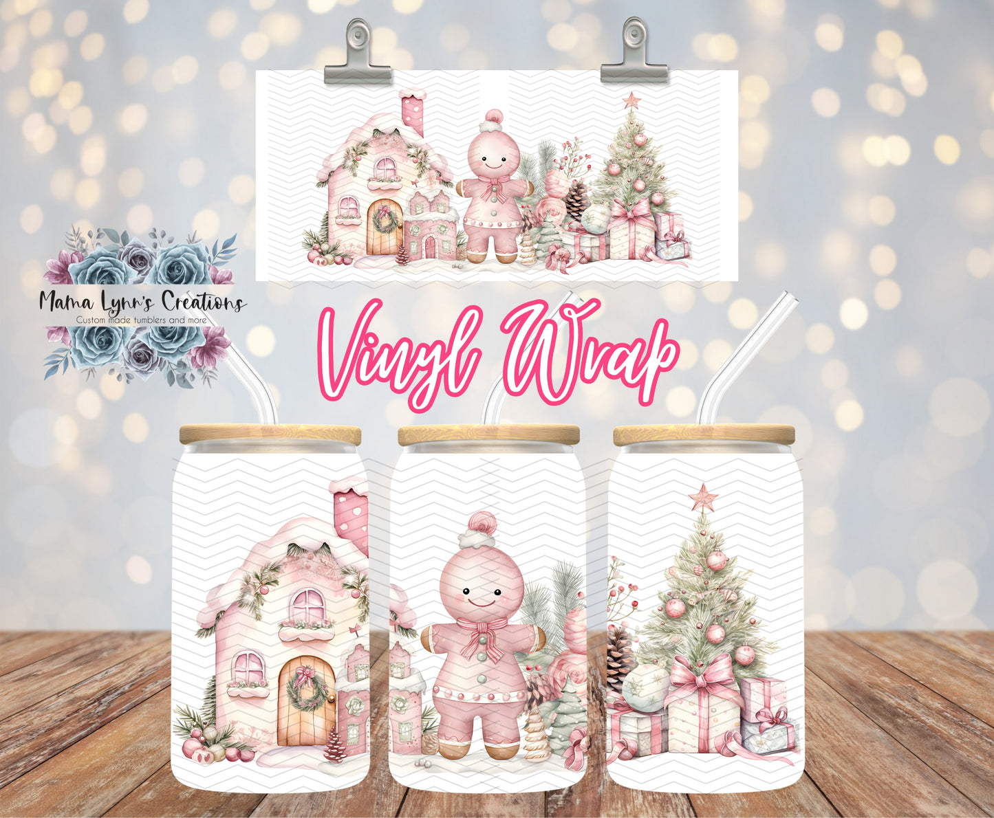 Pink Gingerbread Christmas 16 oz Glass Can prints