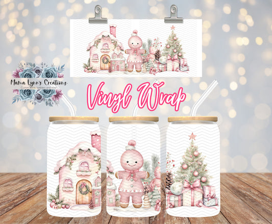 Pink Gingerbread Christmas 16 oz Glass Can prints