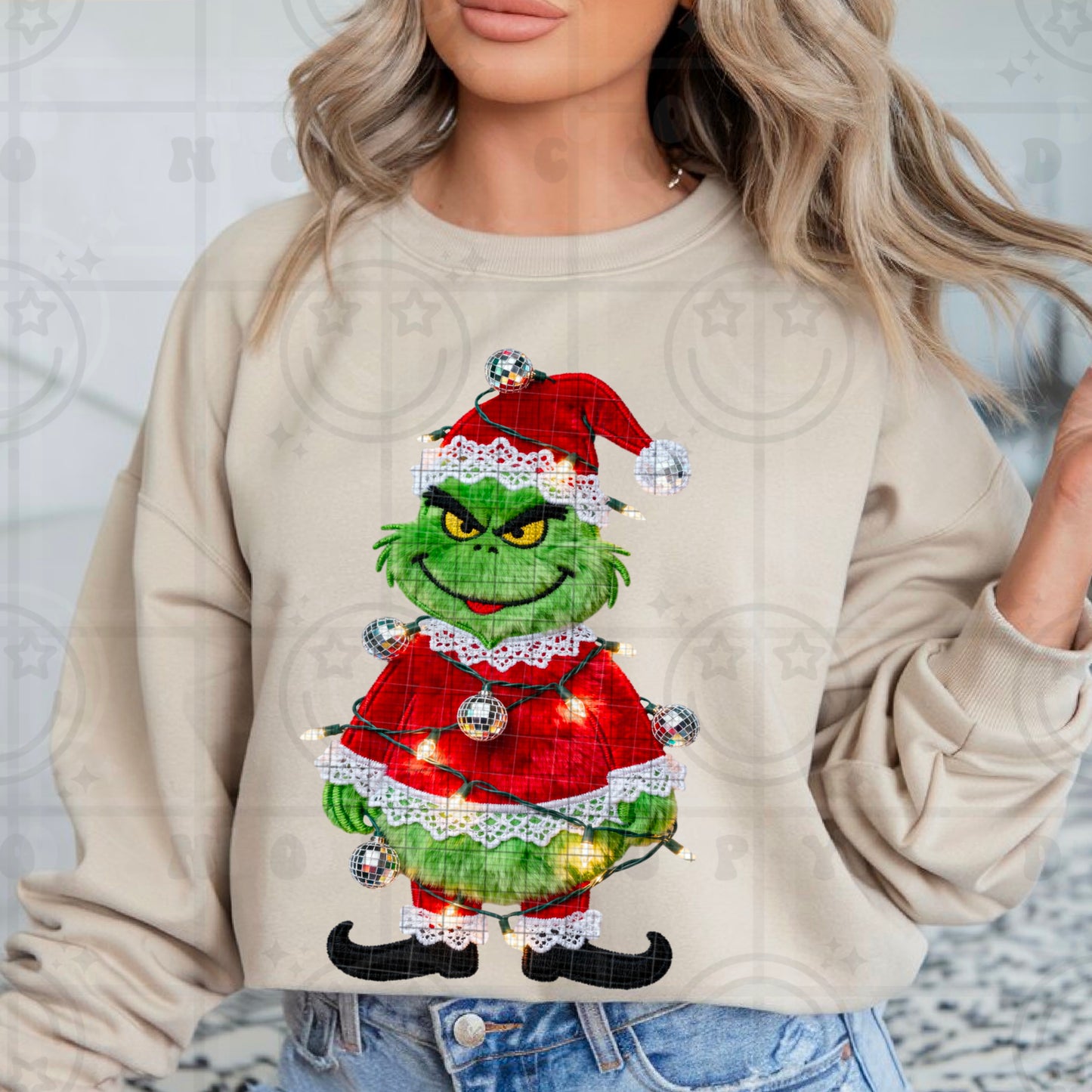 Santa Grinch Faux Embroidery DTF Print