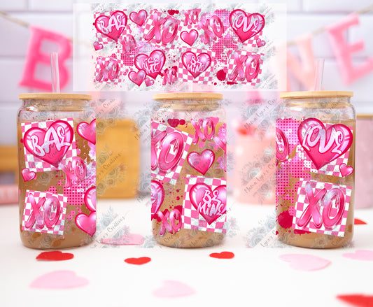 XOXO Hearts Pink Valentine 16 oz Glass Can Wrap