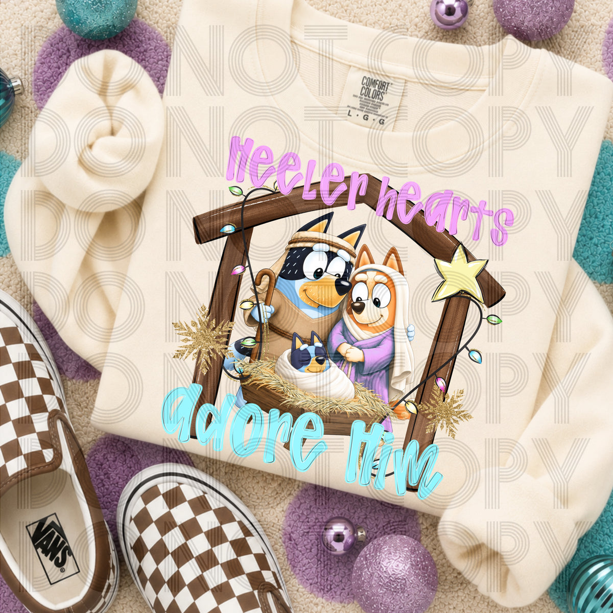 Nativity Heeler Hearts Adore Him DTF Print