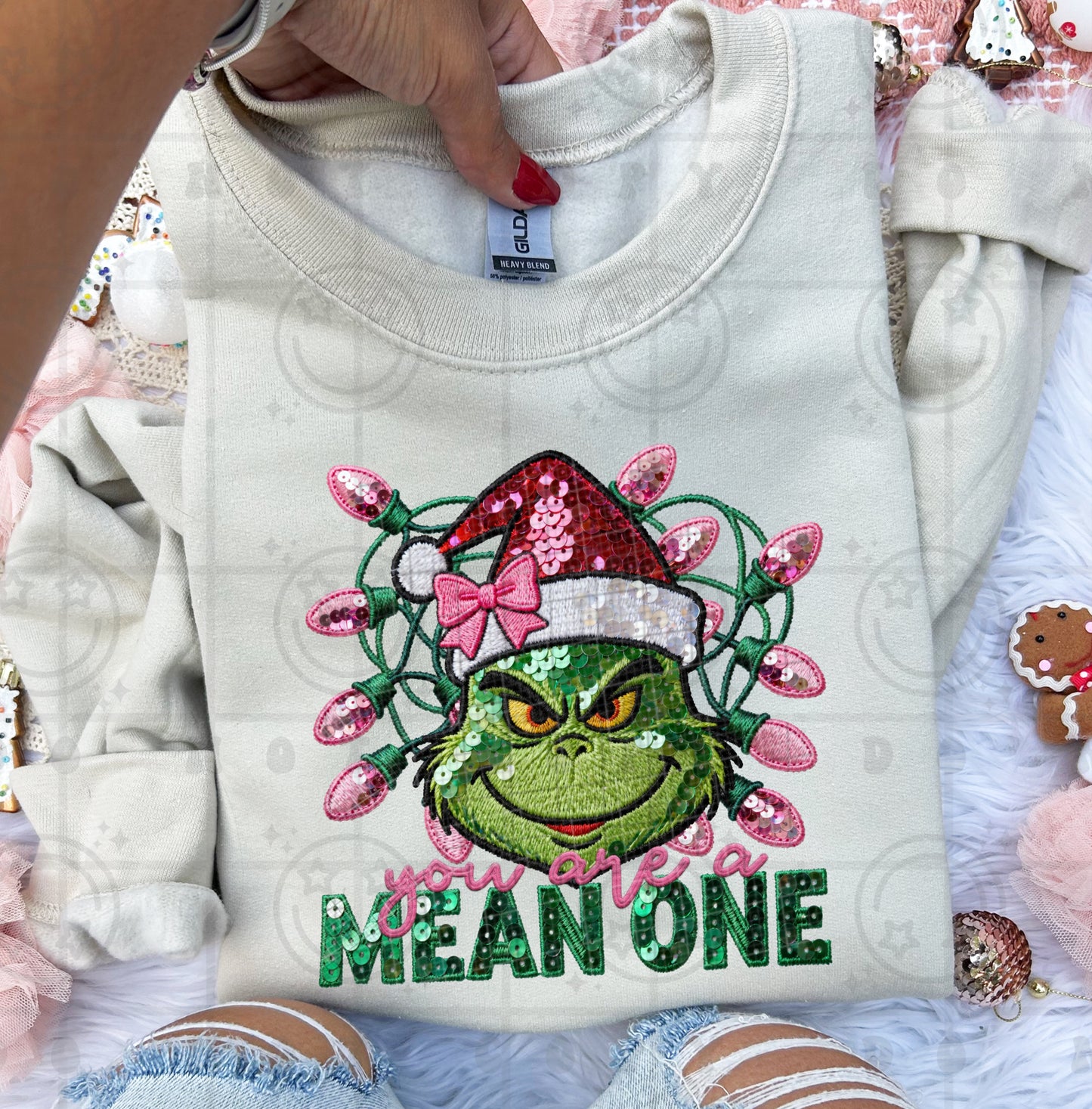 Pink Lights You Are A Mean One (Faux Sequin Embroidery) DTF Prints