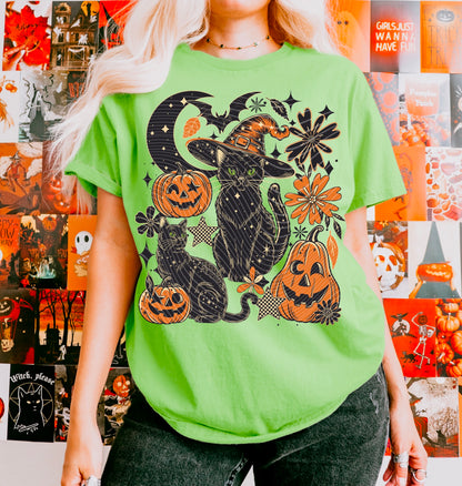 Black Spooky Cat & Pumpkins DTF Prints