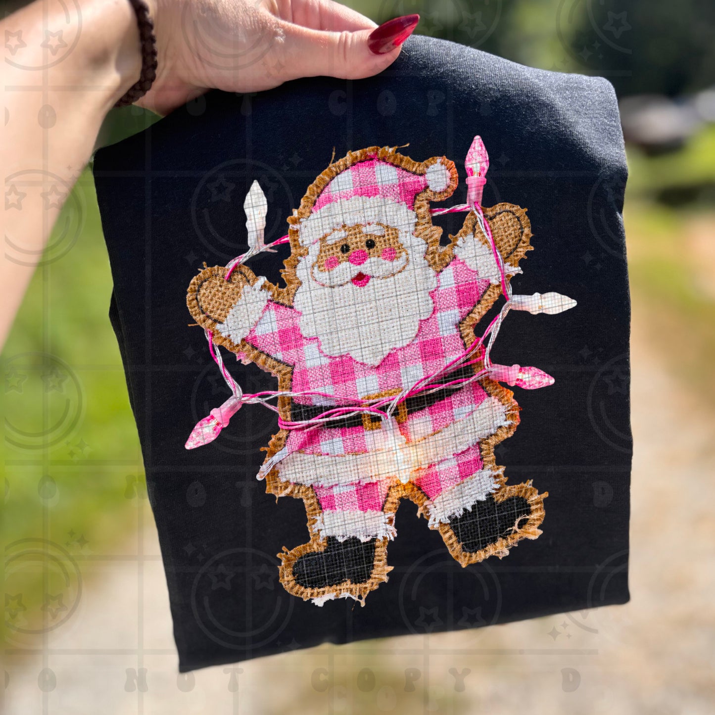 Pink Santa With Lights (Faux Burlap) DTF Prints