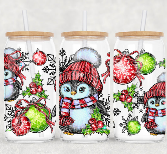 Christmas Winter Penguin 16 oz Glass Wraps