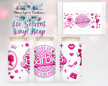 3D Lets Party Barbie 16 oz Glass Can Wrap