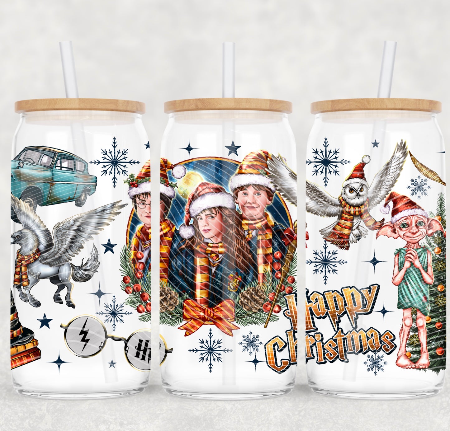 Happy Christmas 16 oz Glass Can Wrap