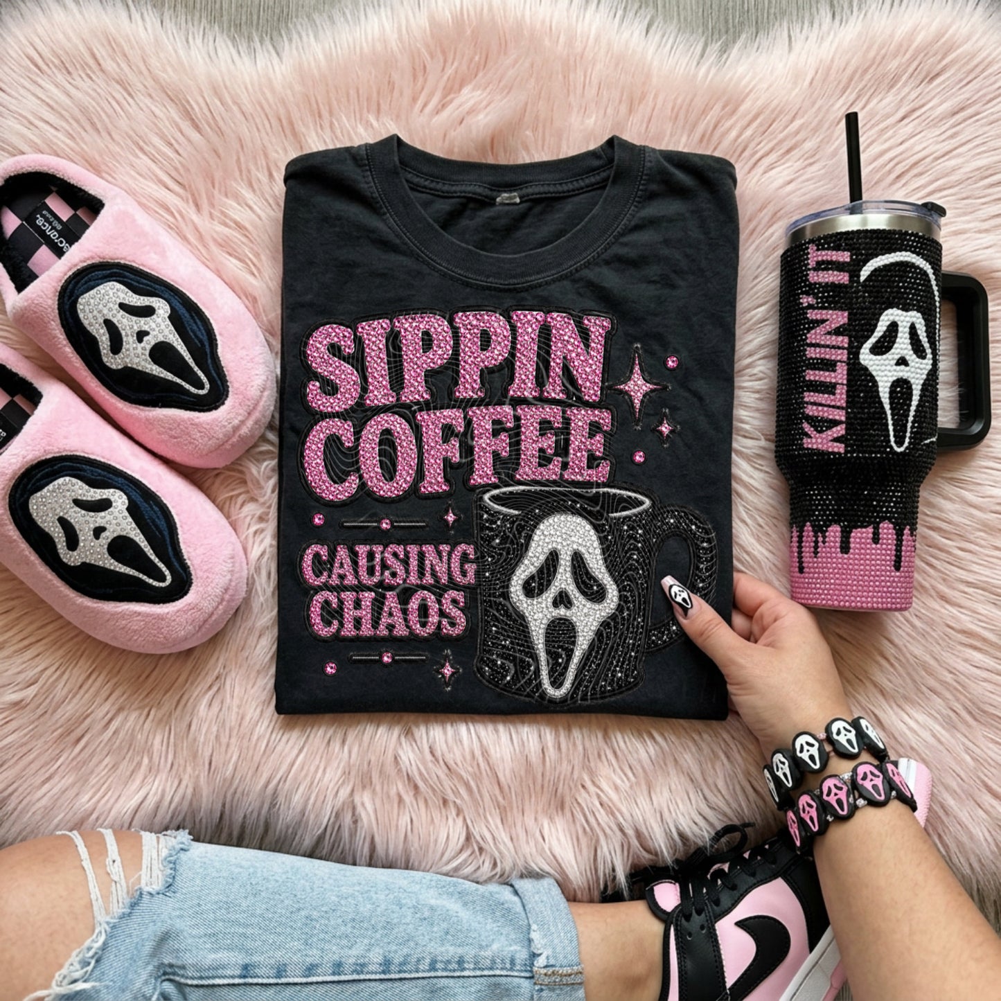 Sippin Coffee Causing Chaos (Faux Rhinestones) DTF Print