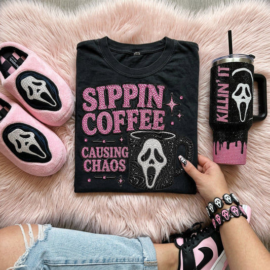 Sippin Coffee Causing Chaos (Faux Rhinestones) DTF Print