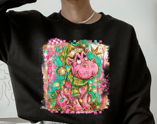Hippo Pink Christmas DTF Print