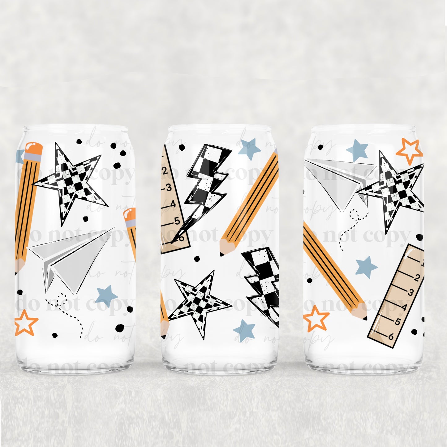 Pencil Ruler Checkered Stars 16 oz Glass Wrap