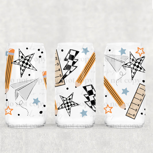 Pencil Ruler Checkered Stars 16 oz Glass Wrap