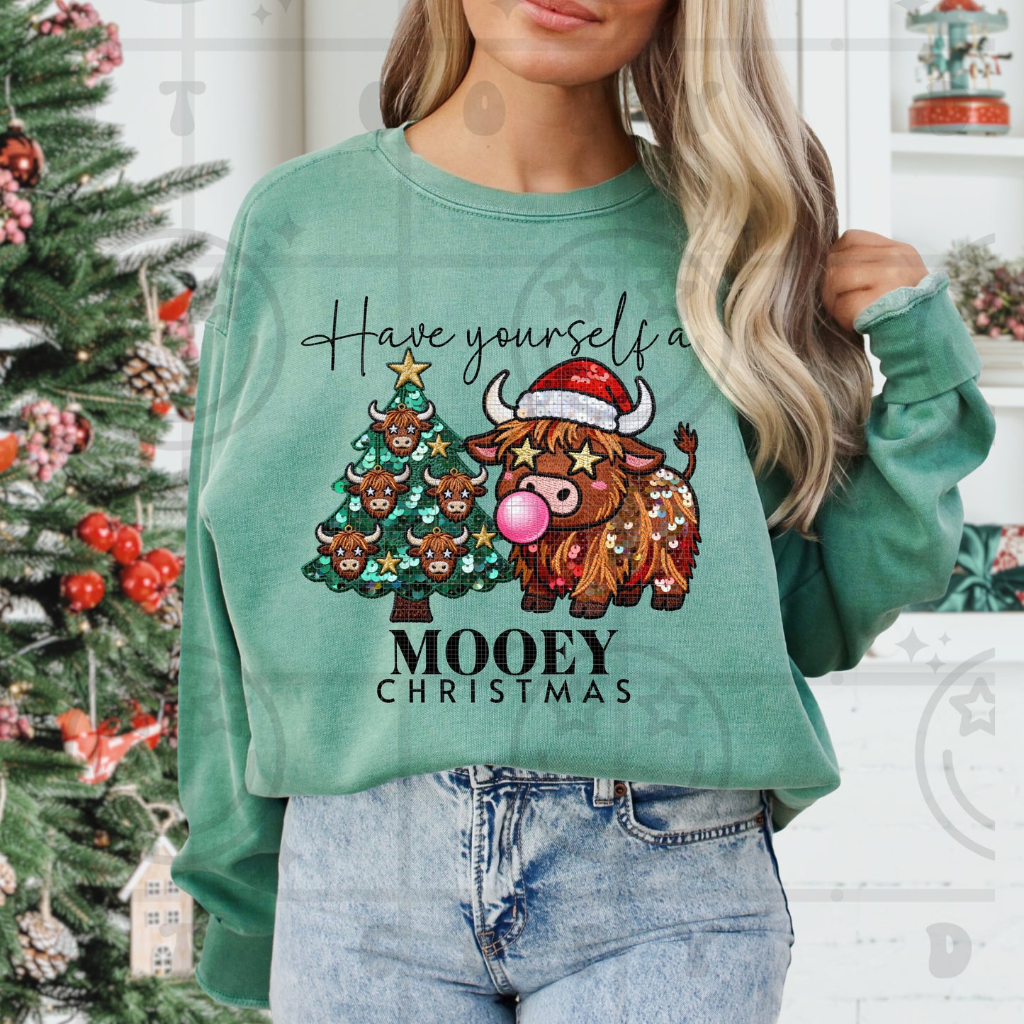Have Yourself A Mooey Christmas Faux Embroidery DTF Print