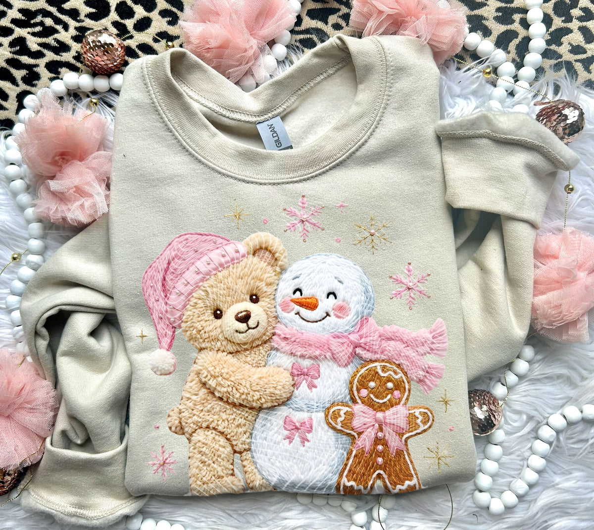 Pink Christmas Teddy Bear (Faux Embroidery) DTF Print