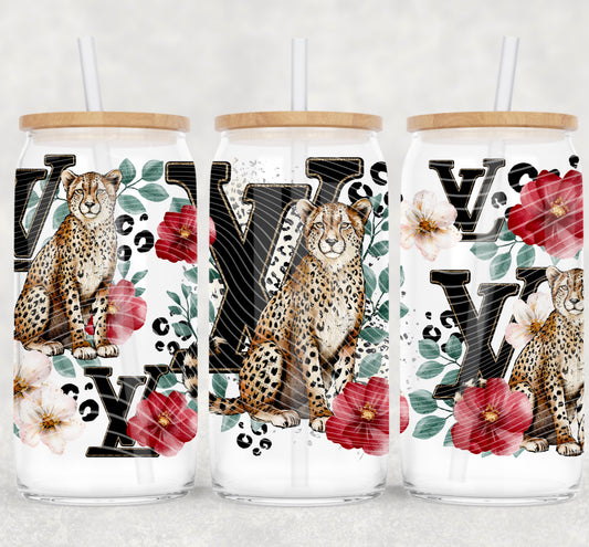 LV Black and Red Cheetah 16 oz Glass Wraps