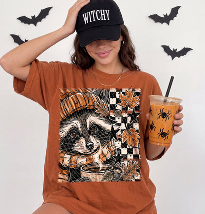 Fall Raccoon Checkered DTF Print