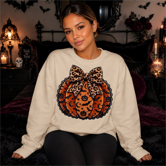 Black Lace Leopard Pumpkin (Faux Embroidery) DTF Print