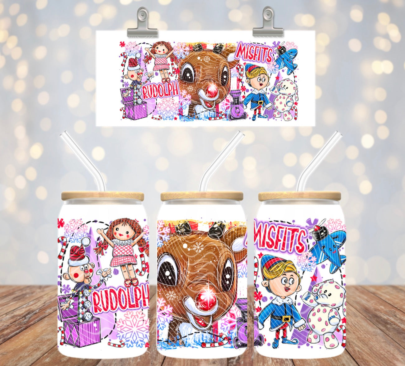 Christmas Rudolph 16 oz Glass Wrap