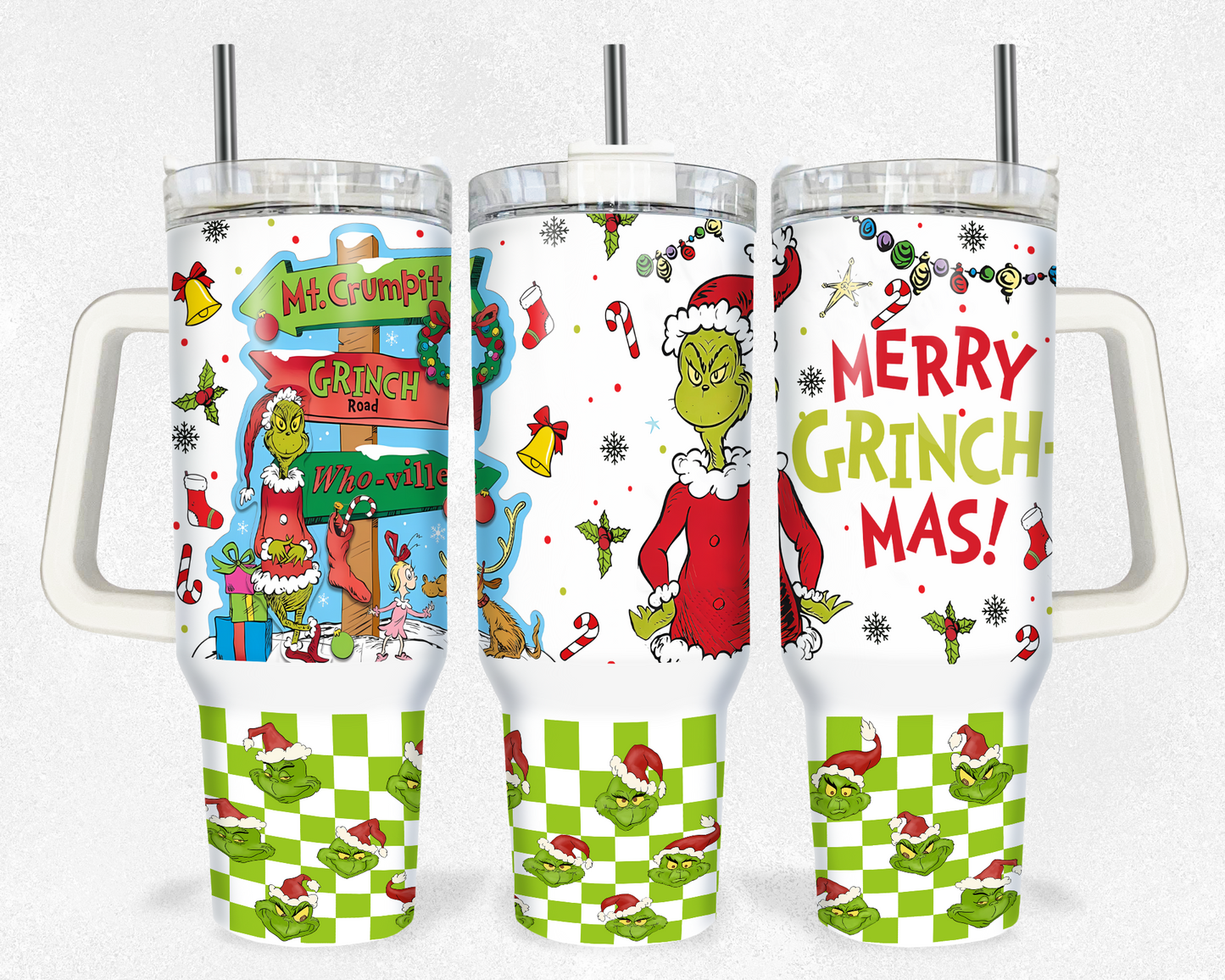 Green Checkered Grinchmas Christmas 40 oz Tumbler Prints