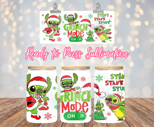 Grinch Mode Stich 16 oz Glass Can prints