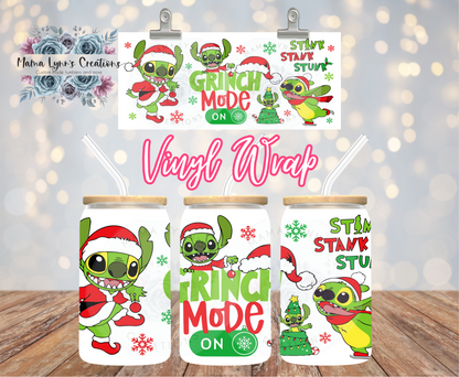 Grinch Mode Stich 16 oz Glass Can prints