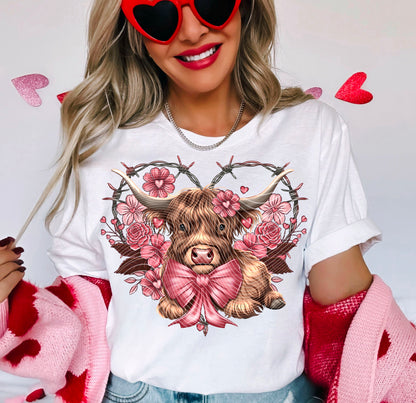 Valentine Highland Cow Wire Style- Double Sleeve DTF Print