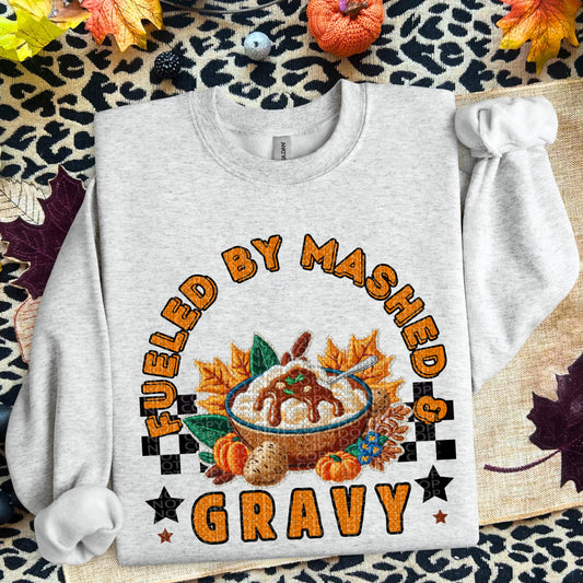 Fueled By Mashed & Gravy Faux Embroidery DTF Print