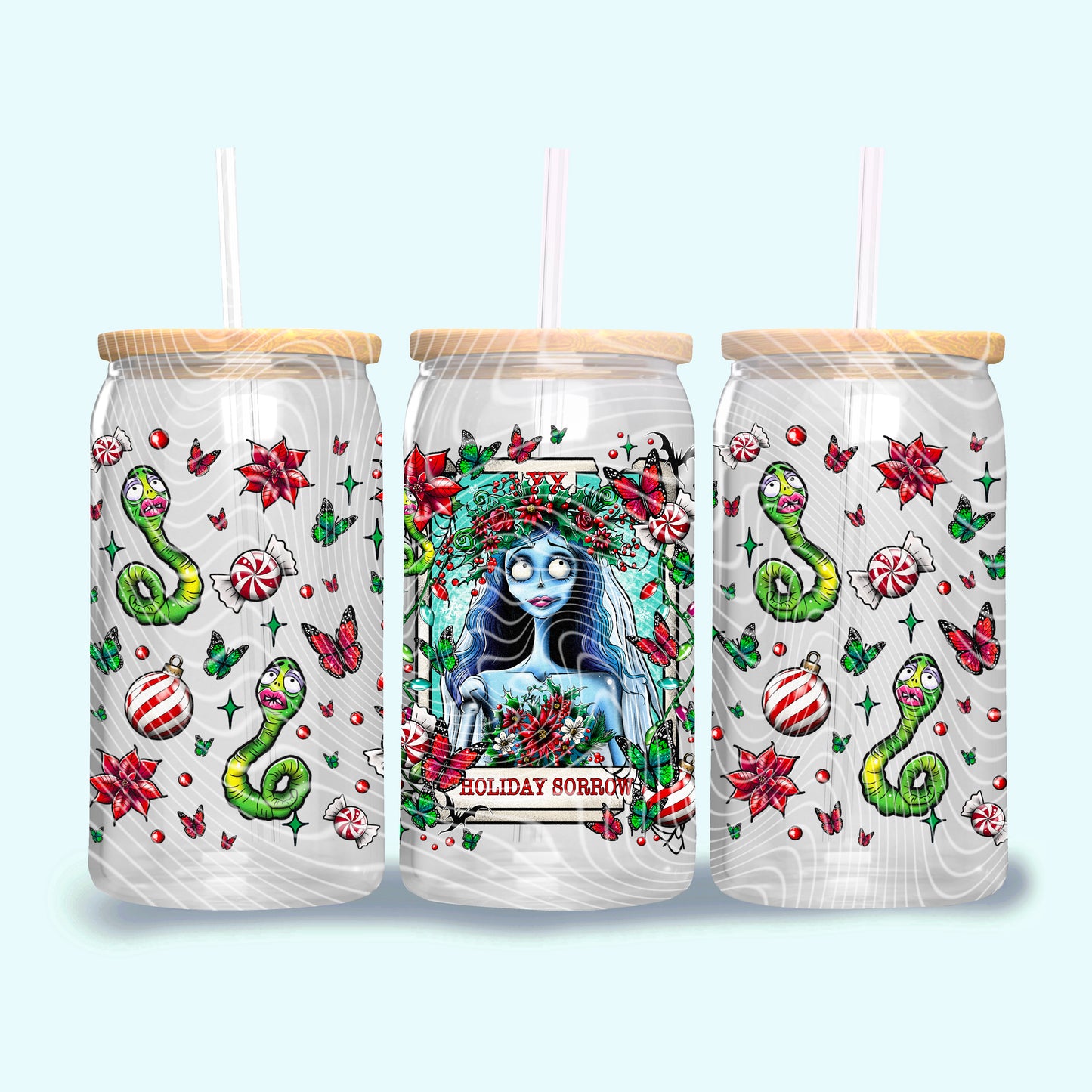 Holiday Sorrow Creepy Christmas Tarot 16 oz Glass Can Wrap