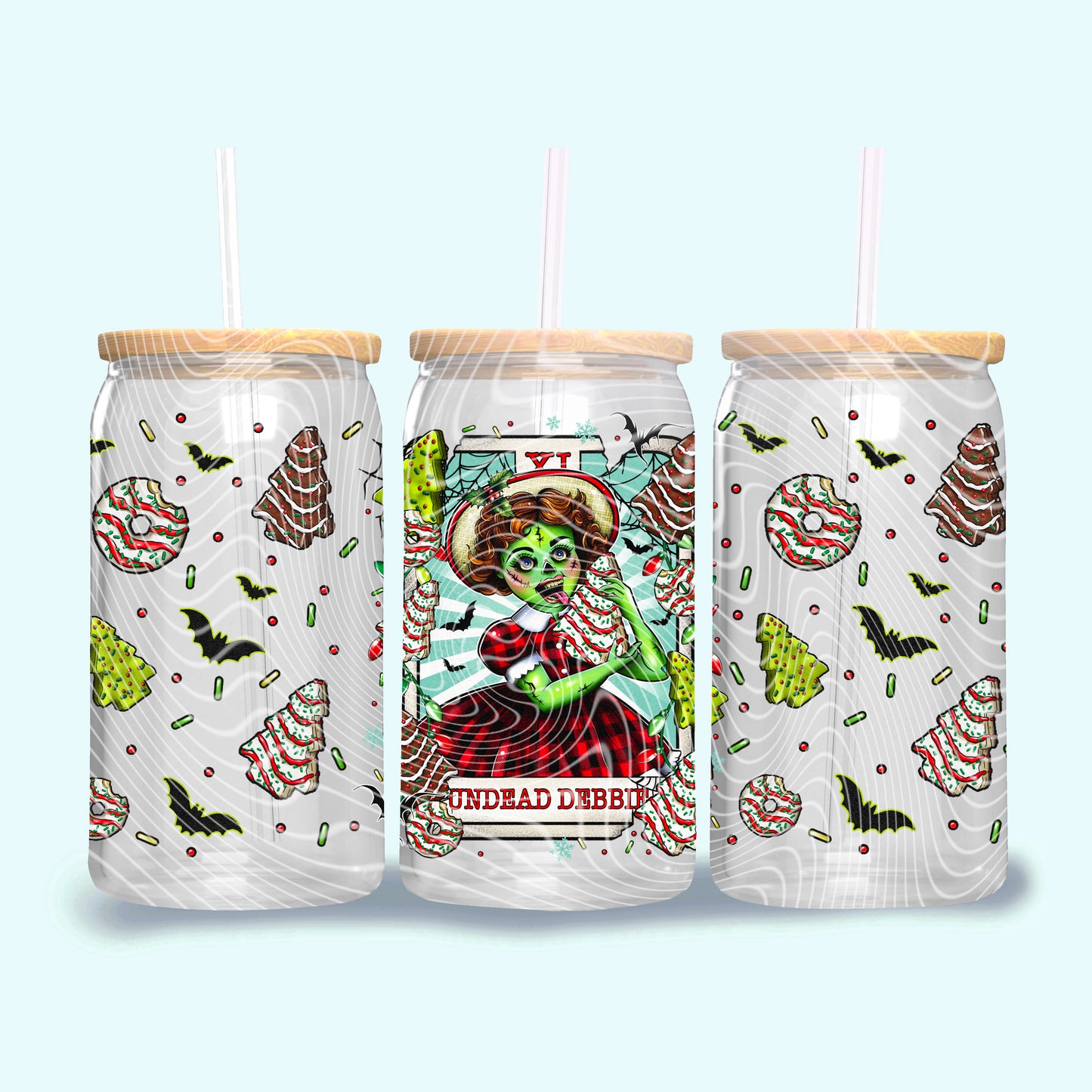 Undead Debbie Creepy Christmas Tarot 16 oz Glass Can Wrap