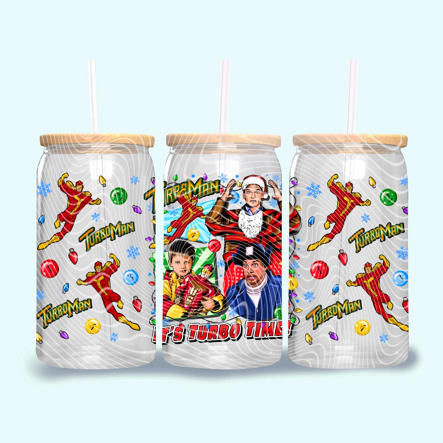 Turbo Man Holiday 16 oz Glass Can Wrap