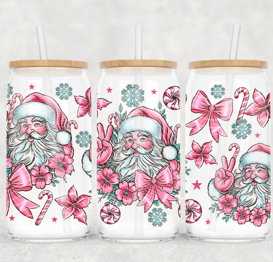 Pink Santa 16 oz Glass Can Wrap