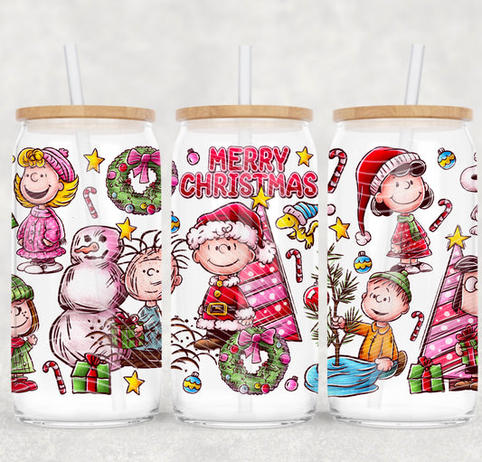 Merry Christmas Charlie and Friends 16 oz Glass Can Wrap