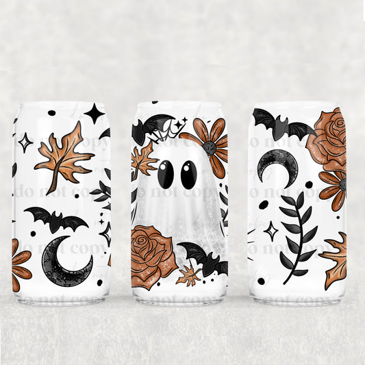 Orange Floral Ghost 16 oz Glass Wraps