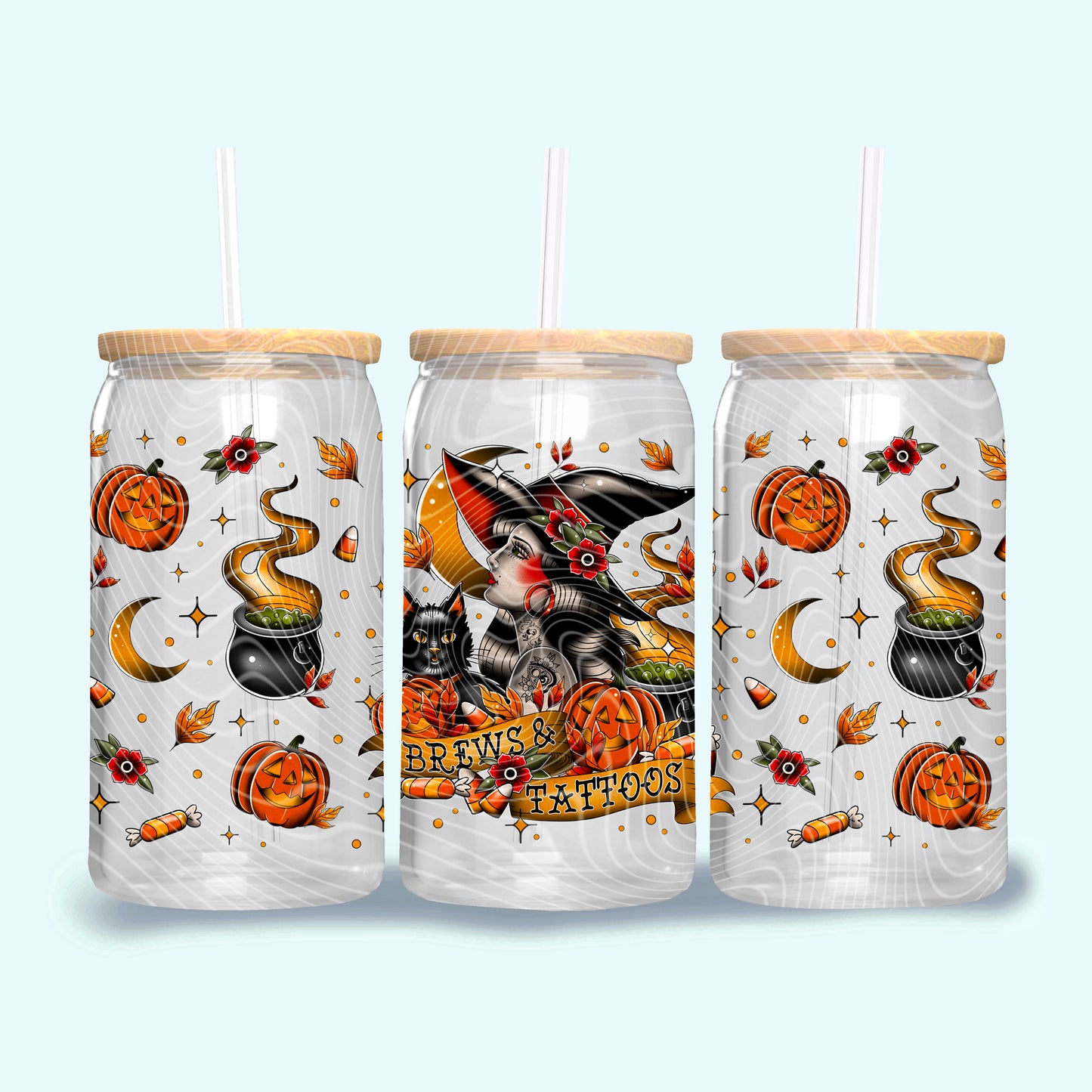 Halloween Brews and Tattoos 16 oz Glass Can Wrap