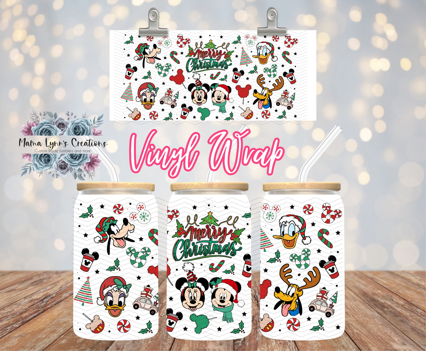 Merry Christmas Mouse and Friends 16 oz Glass Can prints