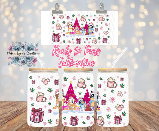 Pink Christmas Bluey 16 oz Glass Can prints