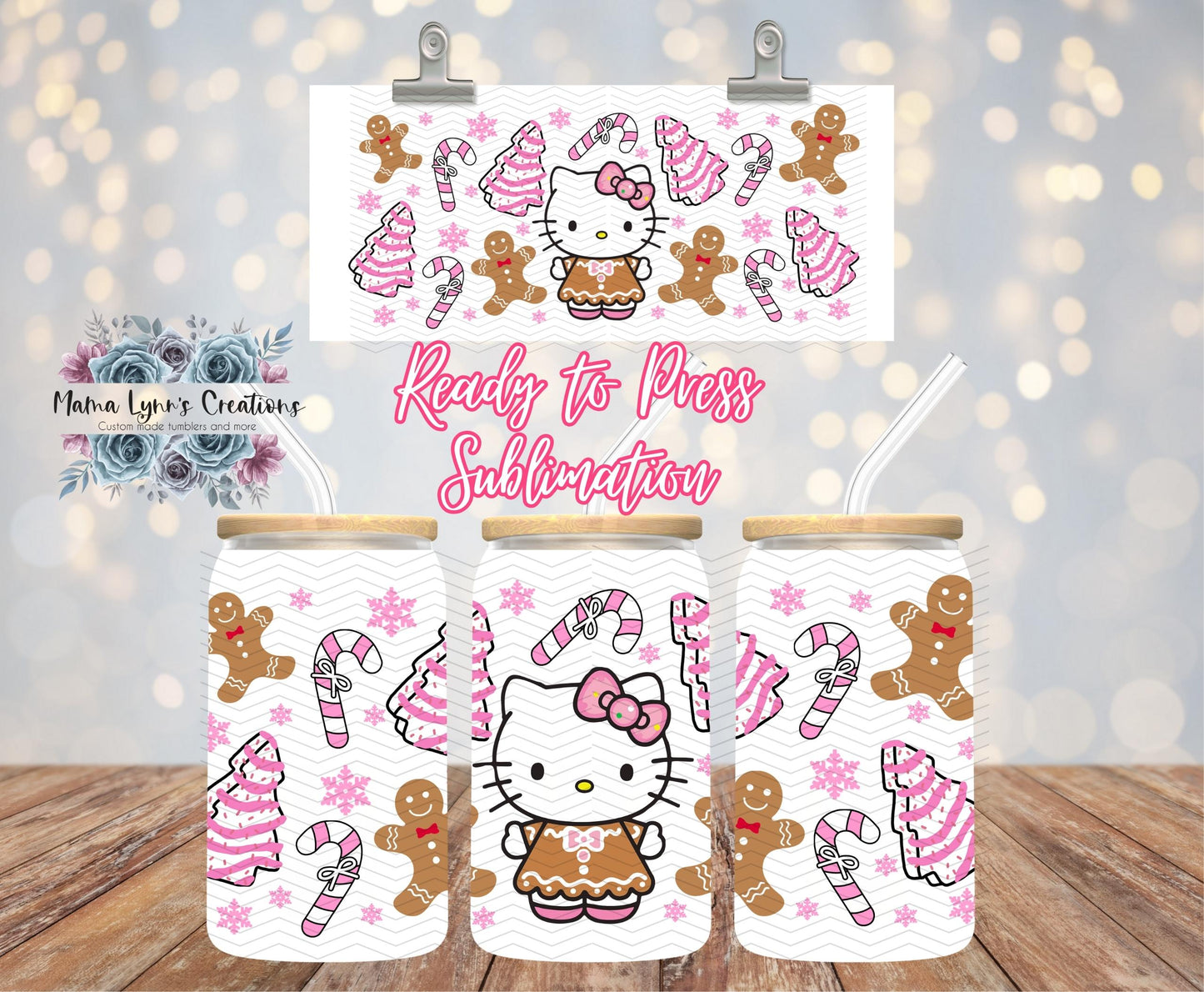 Gingerbread & Pink Peppermint Pink Kitty 16 oz Glass Can prints