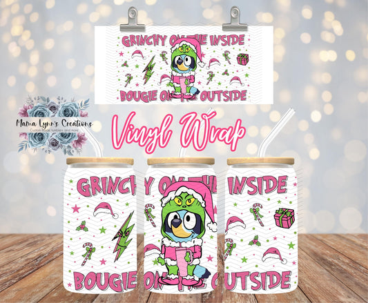 Pink Grinchy Bluey On the outside 16 oz Glass Can prints