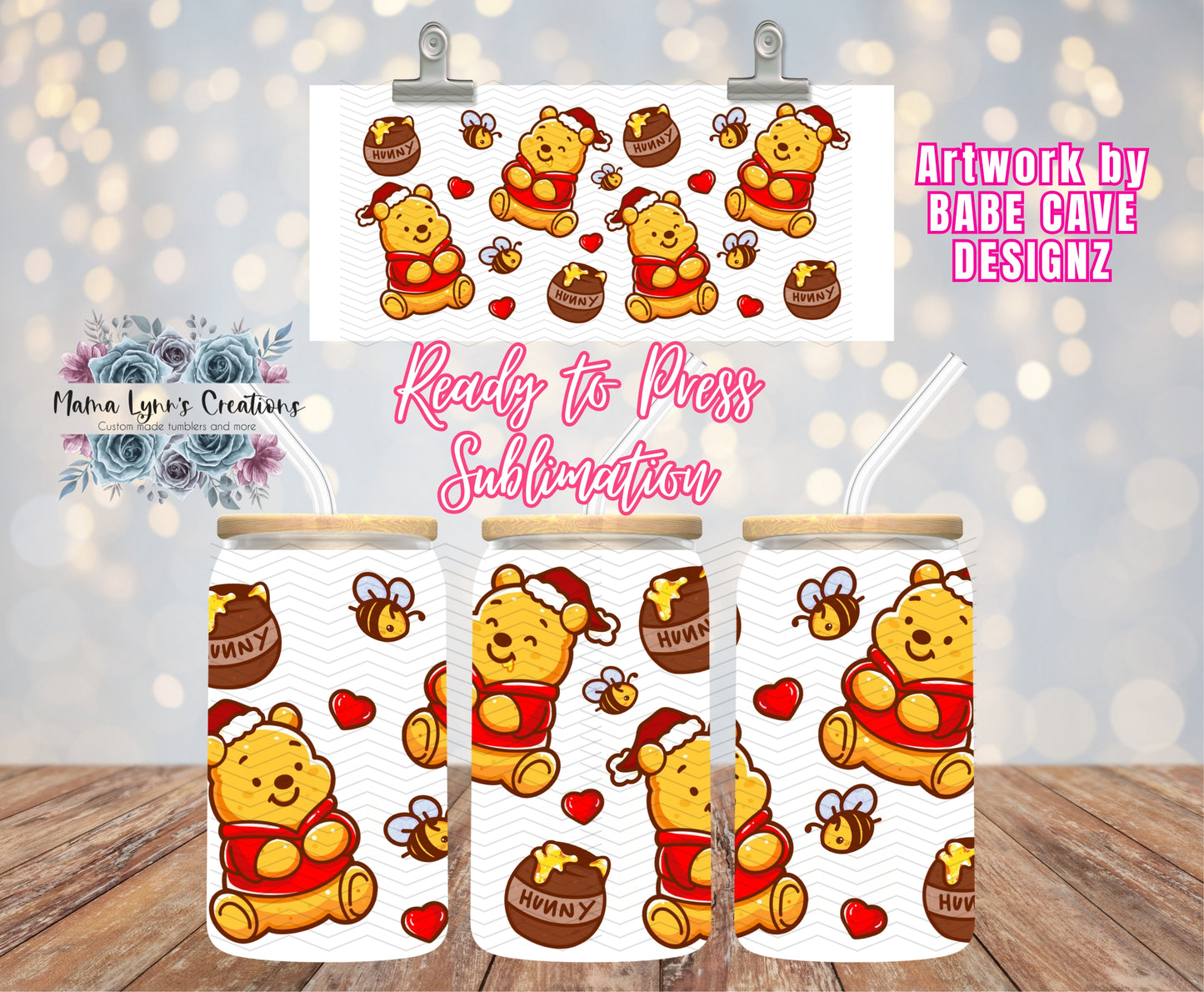 Christmas Honey Bear 16 oz Glass Can prints