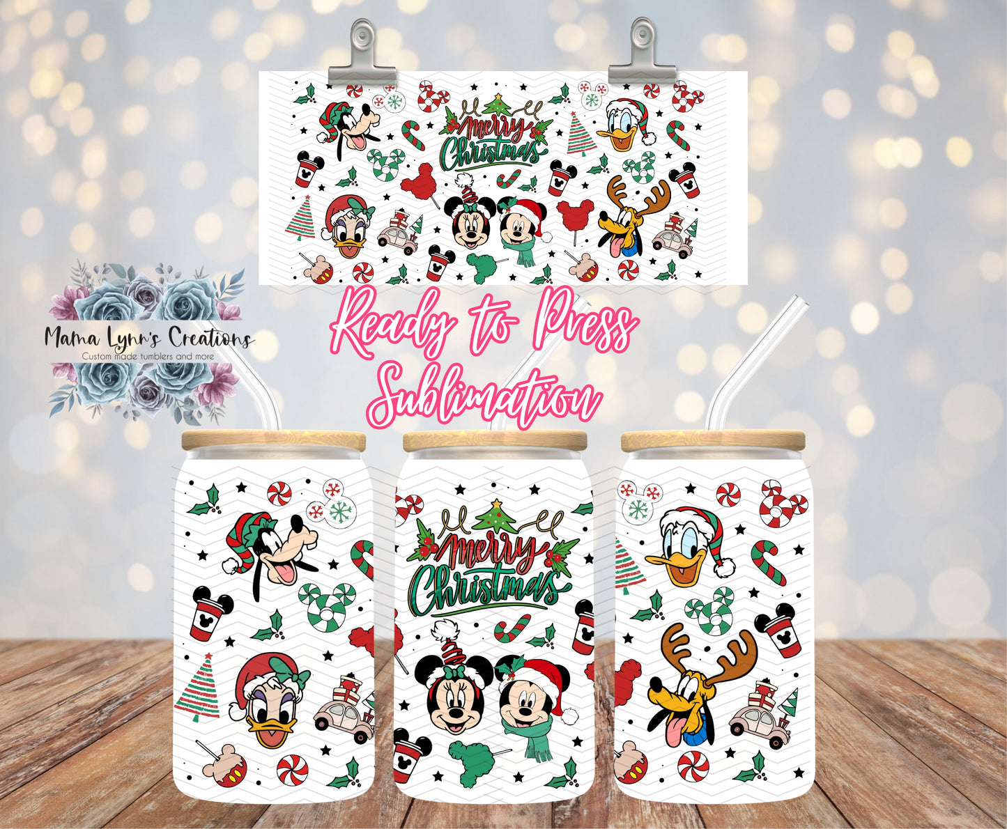 Merry Christmas Mouse and Friends 16 oz Glass Can prints