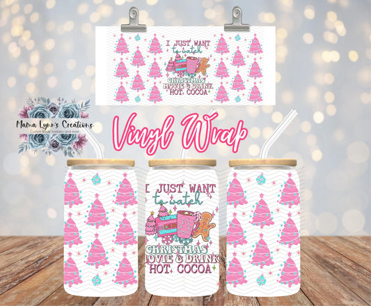 Pink Christmas Movies Cocoa 16 oz Glass Can prints