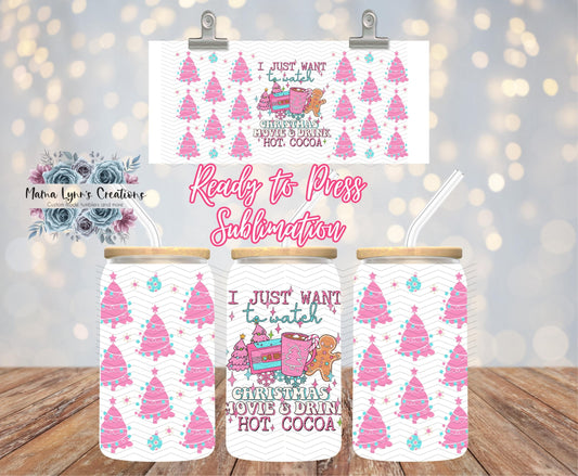 Pink Christmas Movies Cocoa 16 oz Glass Can prints