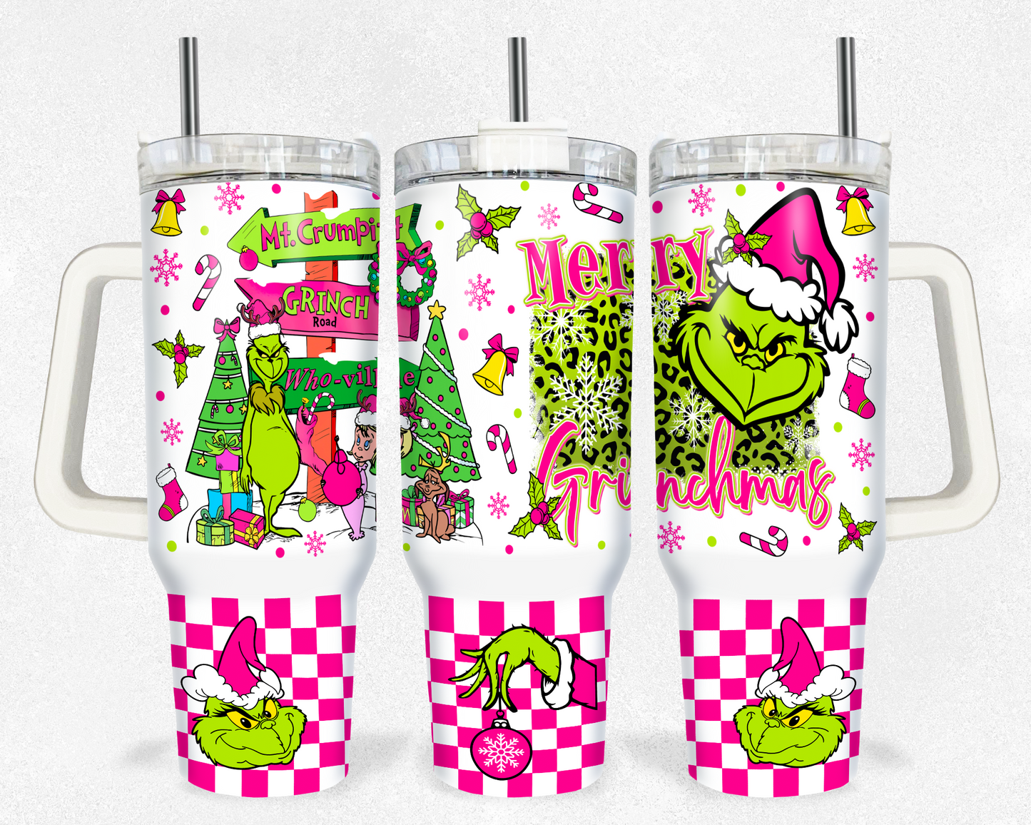 Merry Grinchmas Pink Checkered 40 oz Tumbler Prints