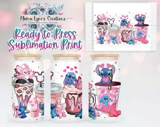 Valentine Blue and Pink Alien Couple Drinks 16 oz Glass Can Wrap