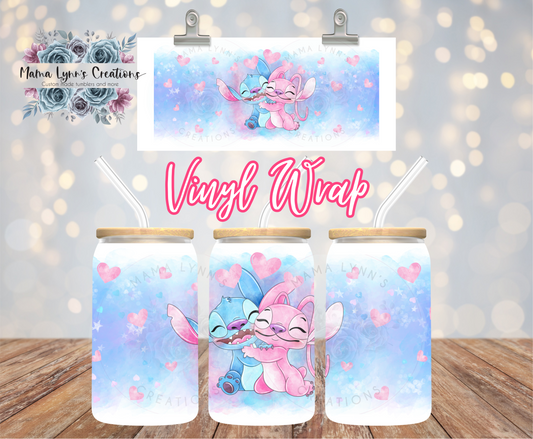 Stitch and Angel Watercolor 16 oz Glass Can prints