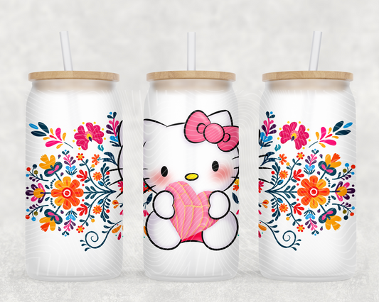 Mexican Flowers Kitty 16 oz Glass Can Wrap